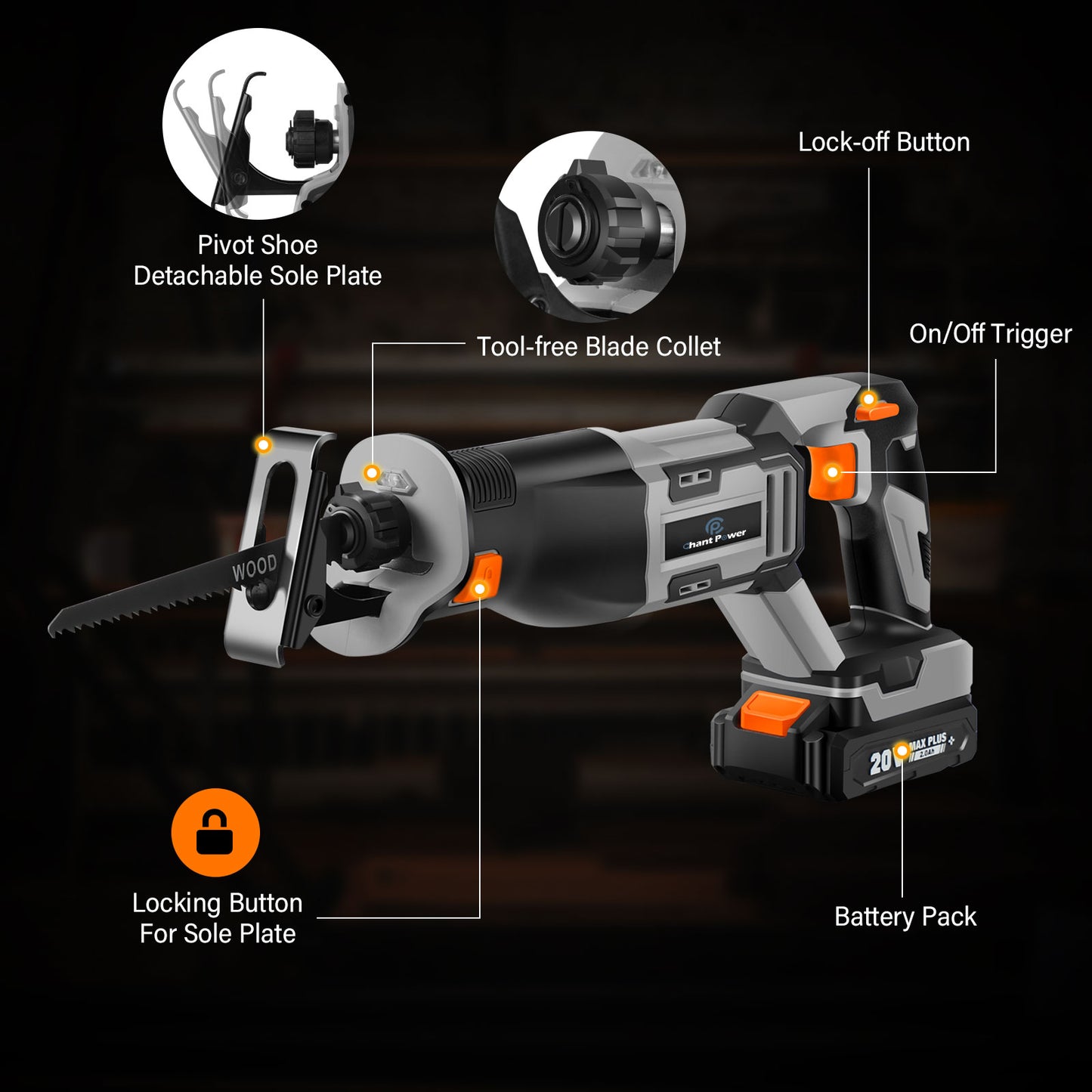 C P CHANTPOWER Reciprocating Saw, 20V Cordless Reciprocating Saw with Two 2.0Ah Batteries and Charger, 6 Saw Blades, Variable Speed, Battery Powered Saw for Woods/Metal/Plastic