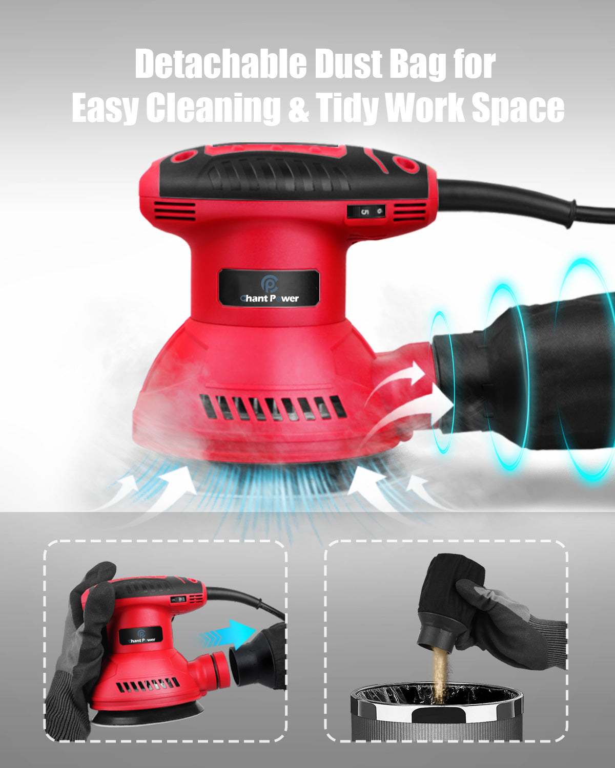 C P CHANTPOWER Orbital Sander 3.0 Amp 5 Inch Electric Sander Tool 6 Variable Speeds Random Orbit Sander for Woodworking, 7000-14000 RPM