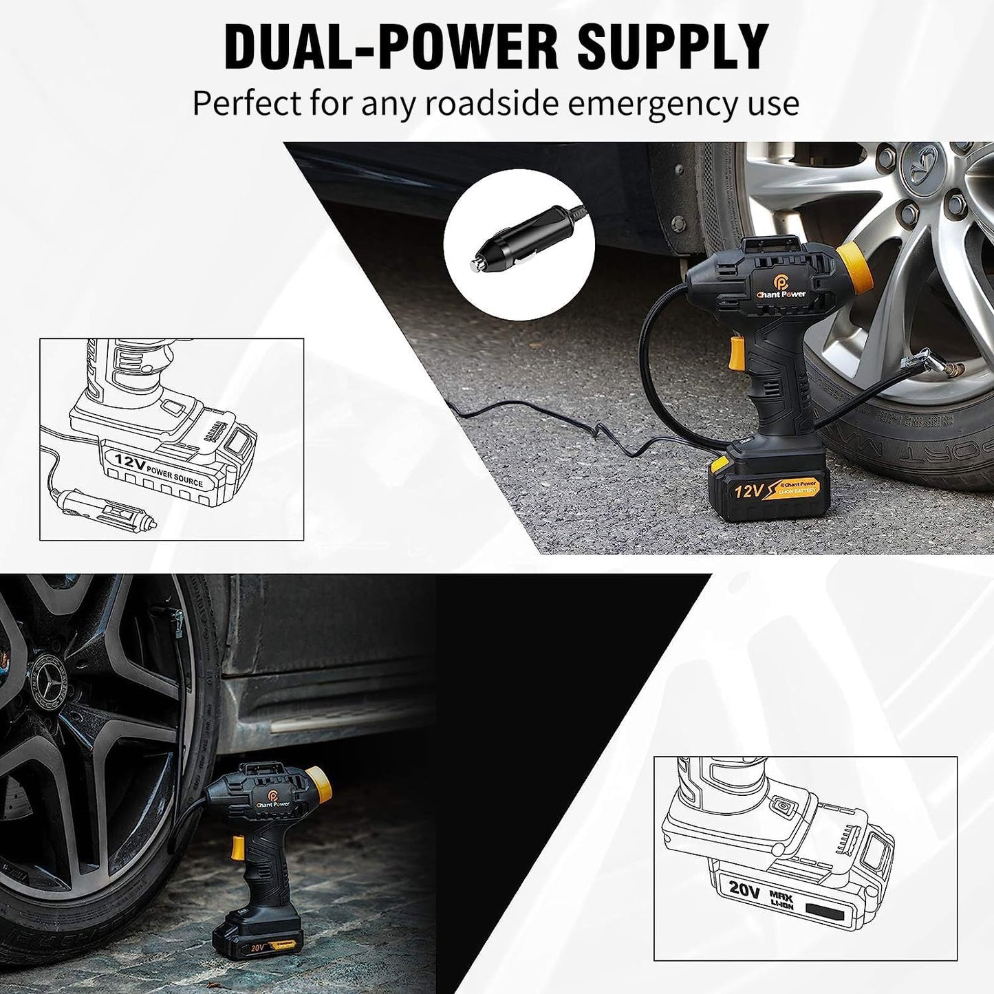 C P CHANTPOWER Portable Air Compressor Tire Inflator, 20V Cordless Car Tire Pump with Rechargeable Li-ion Battery, 12V Car Power Adapter, Digital Pressure Gauge for Car Tires, Motorcycle, Bike, Balls