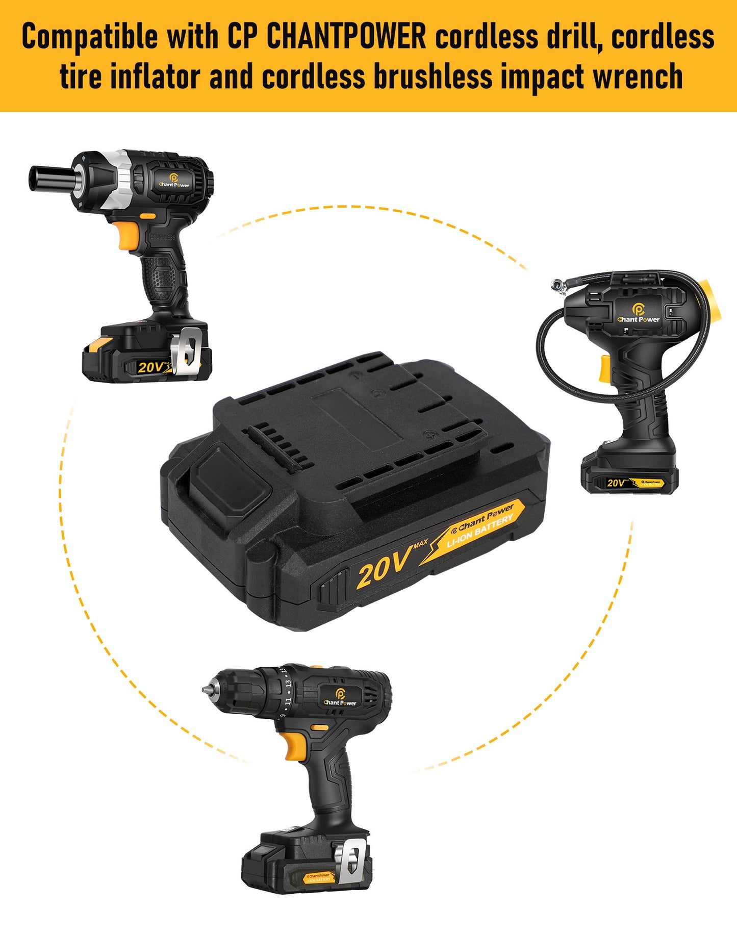 C P CHANTPOWER 20V Battery Pack with Power Indicator Compatible for Cordless Drill, Cordless Tire Inflator, Cordless Impact Wrench