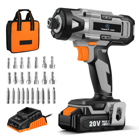 C P CHANTPOWER Cordless Impact Driver Kit, 2655 In-lbs (300N.m) Max Torque, 1/4" Hex Impact Drill, Variable Speed, 2.0A Battery & 1 Hour Fast Charger, 26 Pieces Impact Driver Bits
