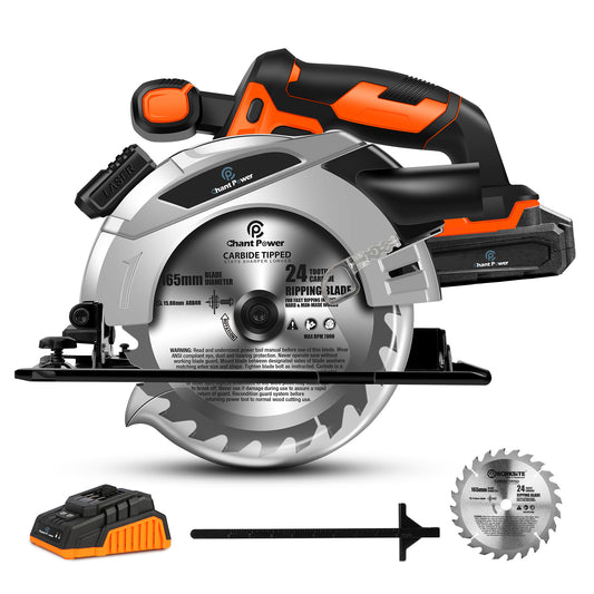 C P CHANTPOWER Cordless Tile Saw, 20V MAX 6-1/2 Inch Tile Saw with Electric Brake, 2.0A Battery & Fast Charger, 4000RPM Speed, 2Pcs Blades