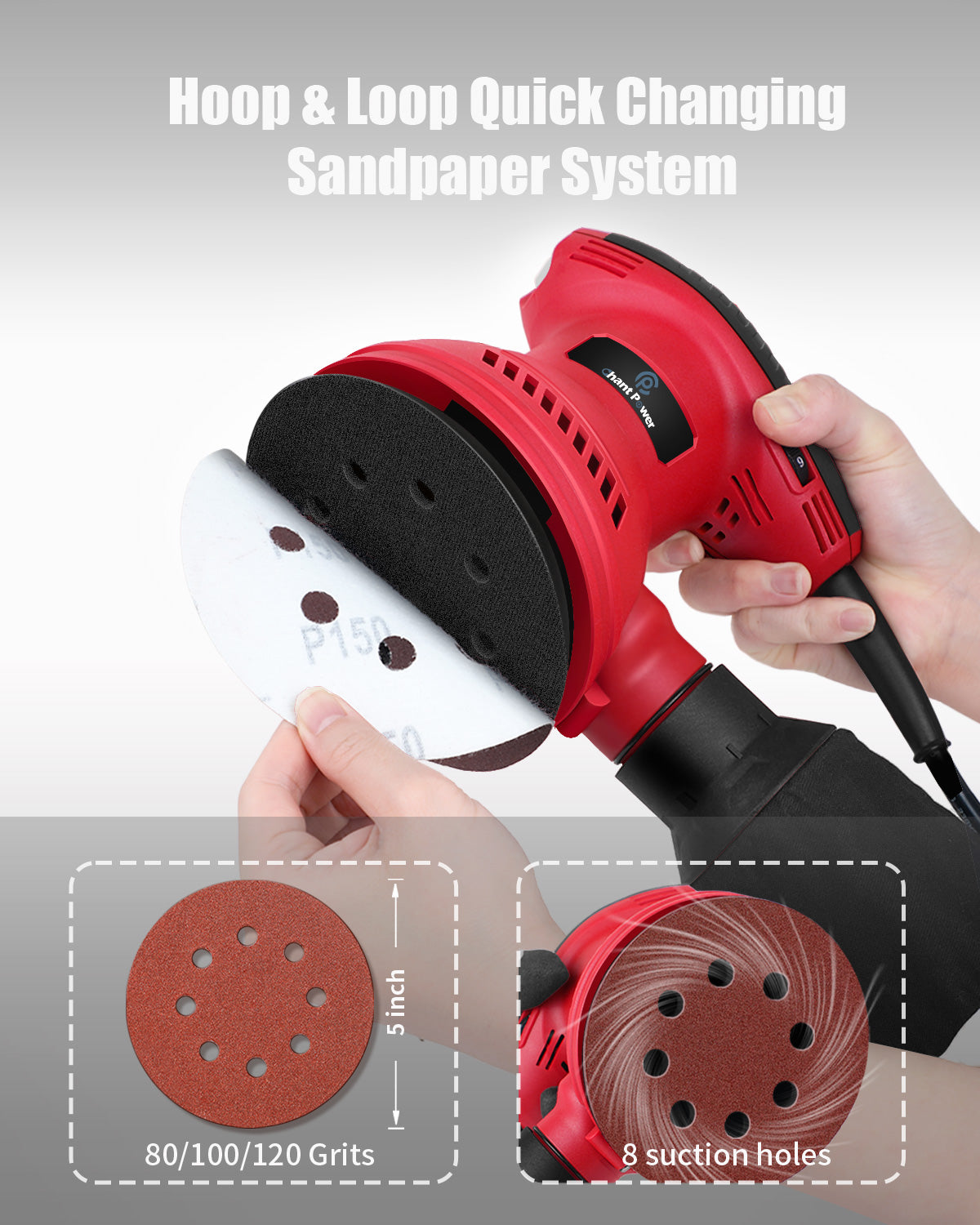 C P CHANTPOWER Orbital Sander 3.0 Amp 5 Inch Electric Sander Tool 6 Variable Speeds Random Orbit Sander for Woodworking, 7000-14000 RPM