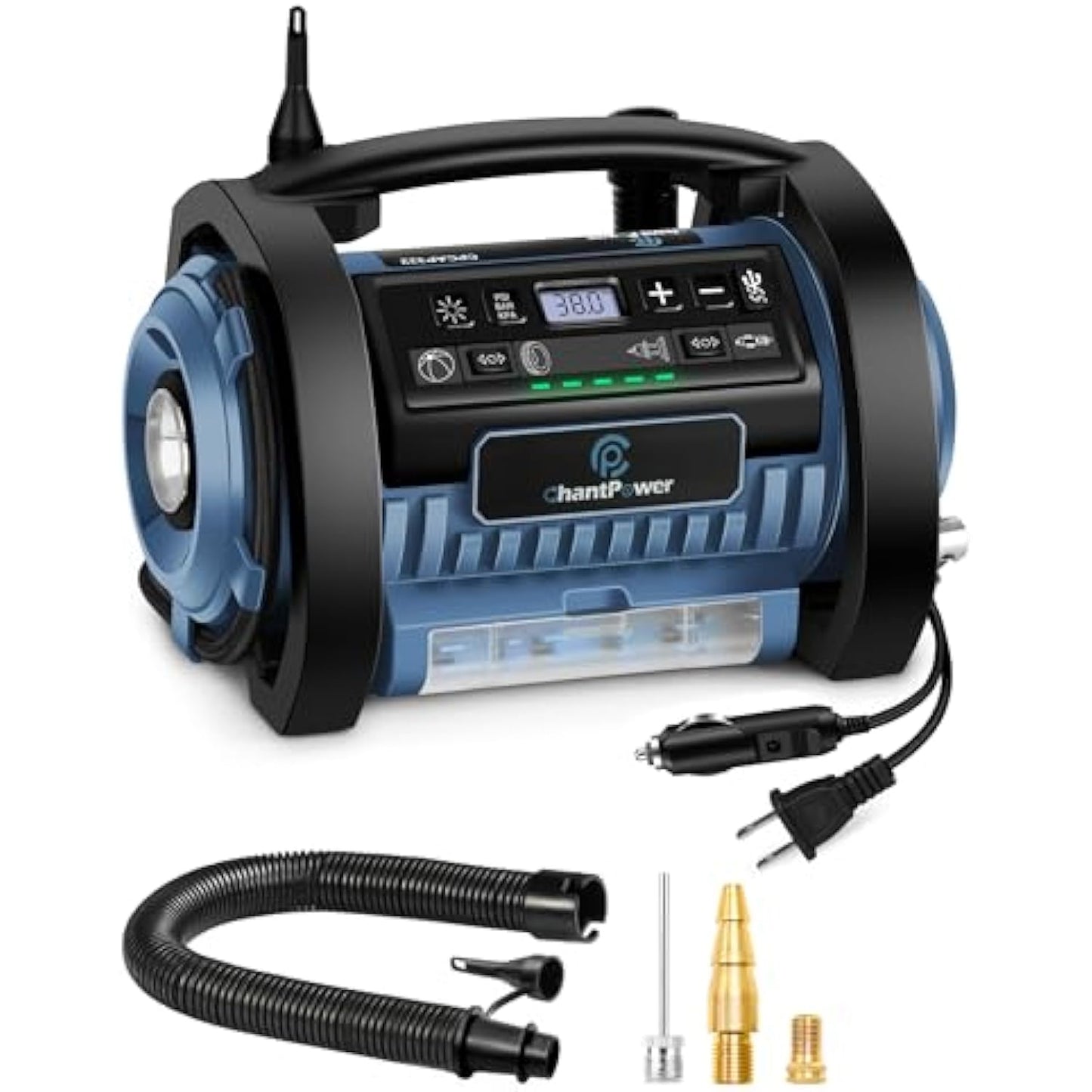 C P CHANTPOWER Tire Pump Air Compressor, 12V DC/120V AC Portable Tire Inflator for Car Tires with Deflation and Inflation Modes, Fast Inflation Dual Powerful Motors, Digital Pressure Gauge (Blue)