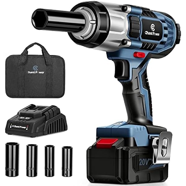 C P CHANTPOWER 20V Battery Powered Cordless Impact Wrench, 1/2" Chuck Impact Gun w/Max Torque 330 ft lbs (450N.m), 4 Pcs Impact Sockets,1 Hour Fast Charger and Tool Bag