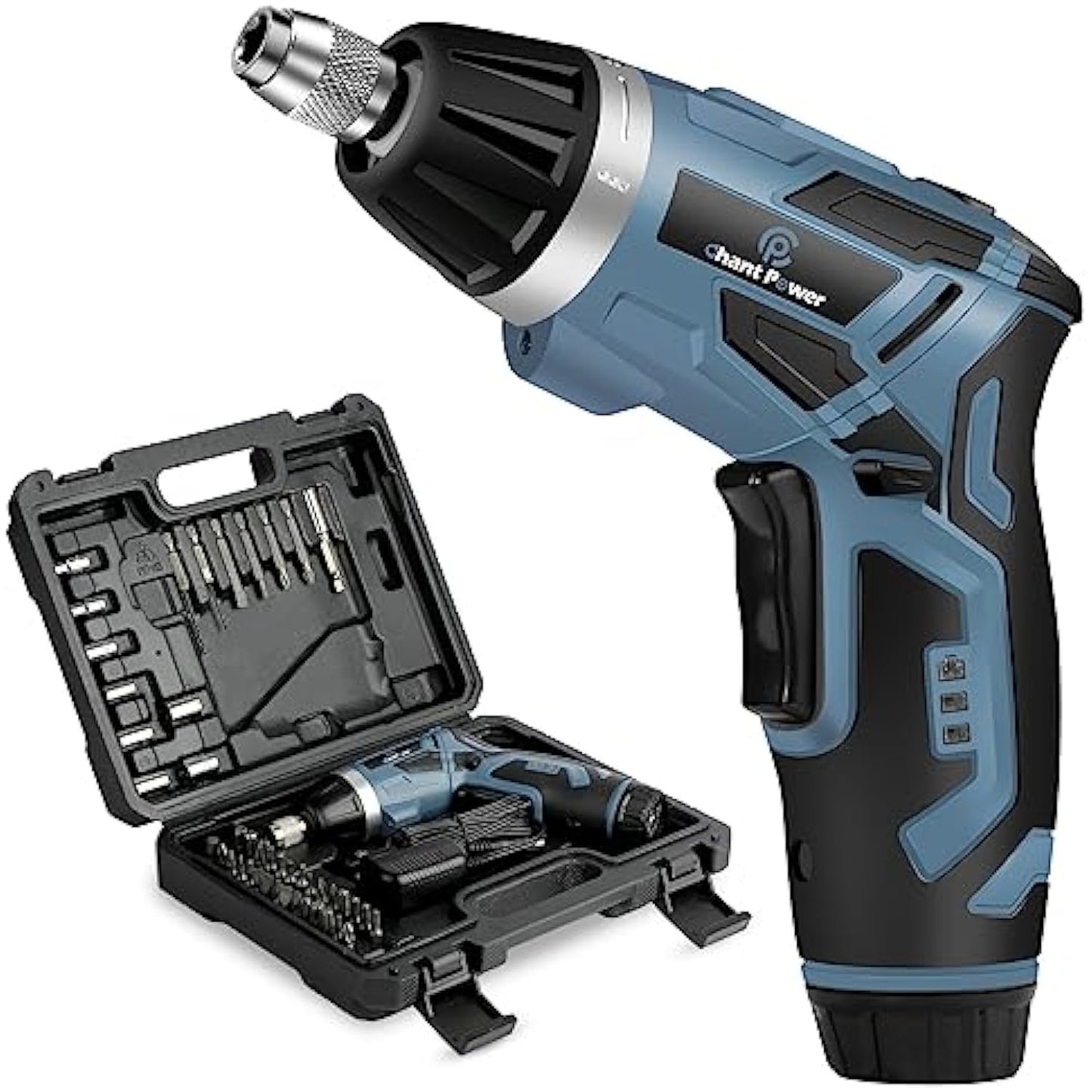 C P CHANTPOWER Cordless Electric Screwdriver Set，6+1 Torque Gears,1/4'' Hex Self-Lock Chuck, 4V Rechargeable lightweight Screwdriver with 44pcs Accessories Flashlight Charger and Carrying Case Blue