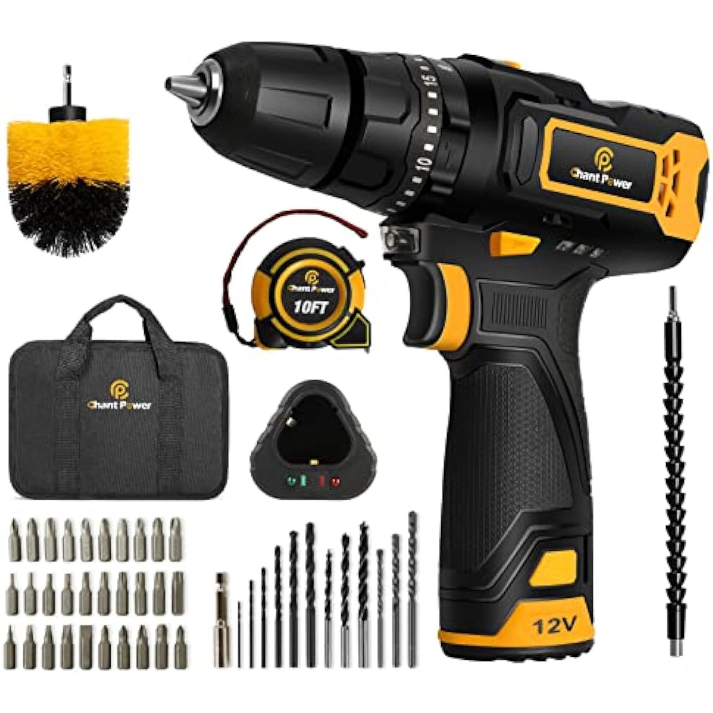 C P CHANTPOWER Cordless Hammer Drill, 12V Impact Drill Set with Dual-Speed, 21+1+1 Torque Settings, 3/8’’ Keyless Chuck, 45pcs Accessories Bits, Fast Charger with Tool Bag