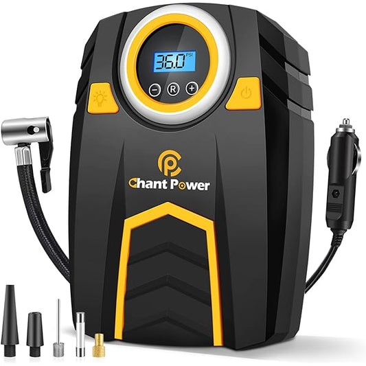 C P CHANTPOWER Air Compressor Tire Inflator,12V DC Car Tire Pump with Digital Pressure Gauge, 150PSI with Car Power Adaptor, Auto Shut Off for Car Tires, Bicycles and Other Inflatables (1-Yellow)