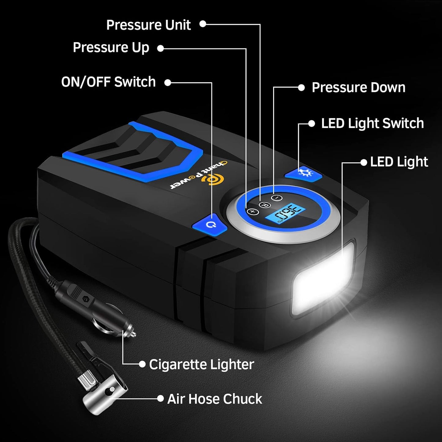 C P CHANTPOWER Air Compressor Tire Inflator,12V DC Car Tire Pump with Digital Pressure Gauge, 150PSI with Car Power Adaptor, Auto Shut Off for Car Tires, Bicycles and Other Inflatables (Blue)