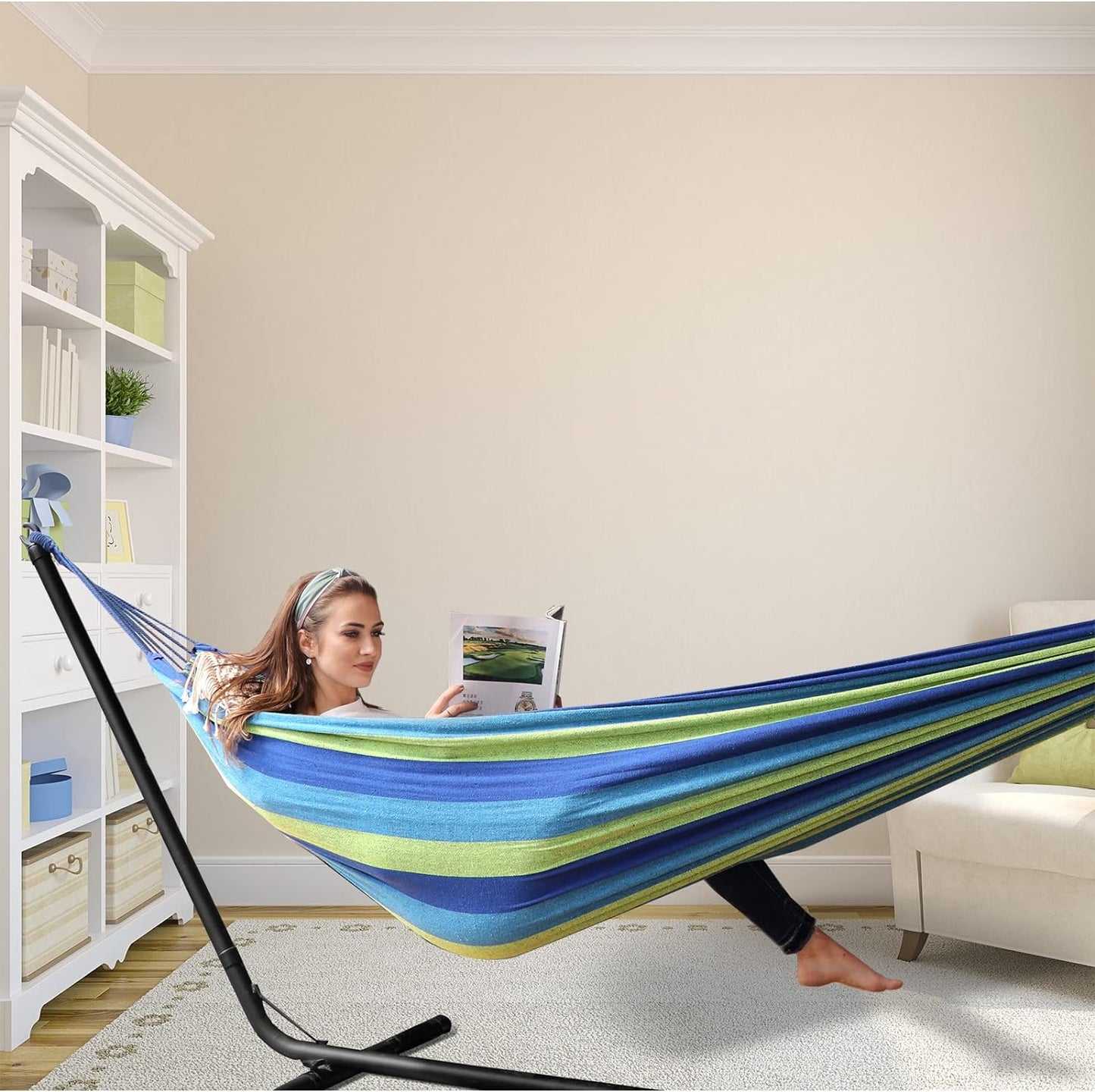 C P CHANTPOWER Garden Cotton Hammock Comfortable Fabric Hammock with Tree Straps for Hanging Sturdy Hammock Up to 660lbs Portable Hammock with Travel Bag for Camping Outdoor/Indoor Patio Backyard