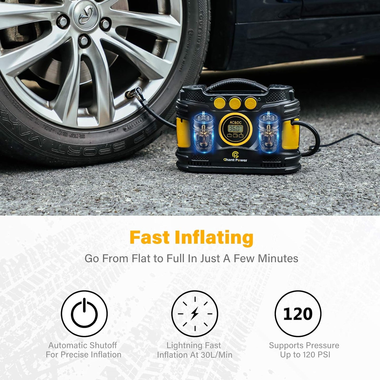 C P CHANTPOWER Air Compressor Tire Inflator, Portable 12V DC/120V AC Tire Pump Maximum120 PSI with Digital Pressure Gauge for Car Tires, Motorcycle, Bike, Balls