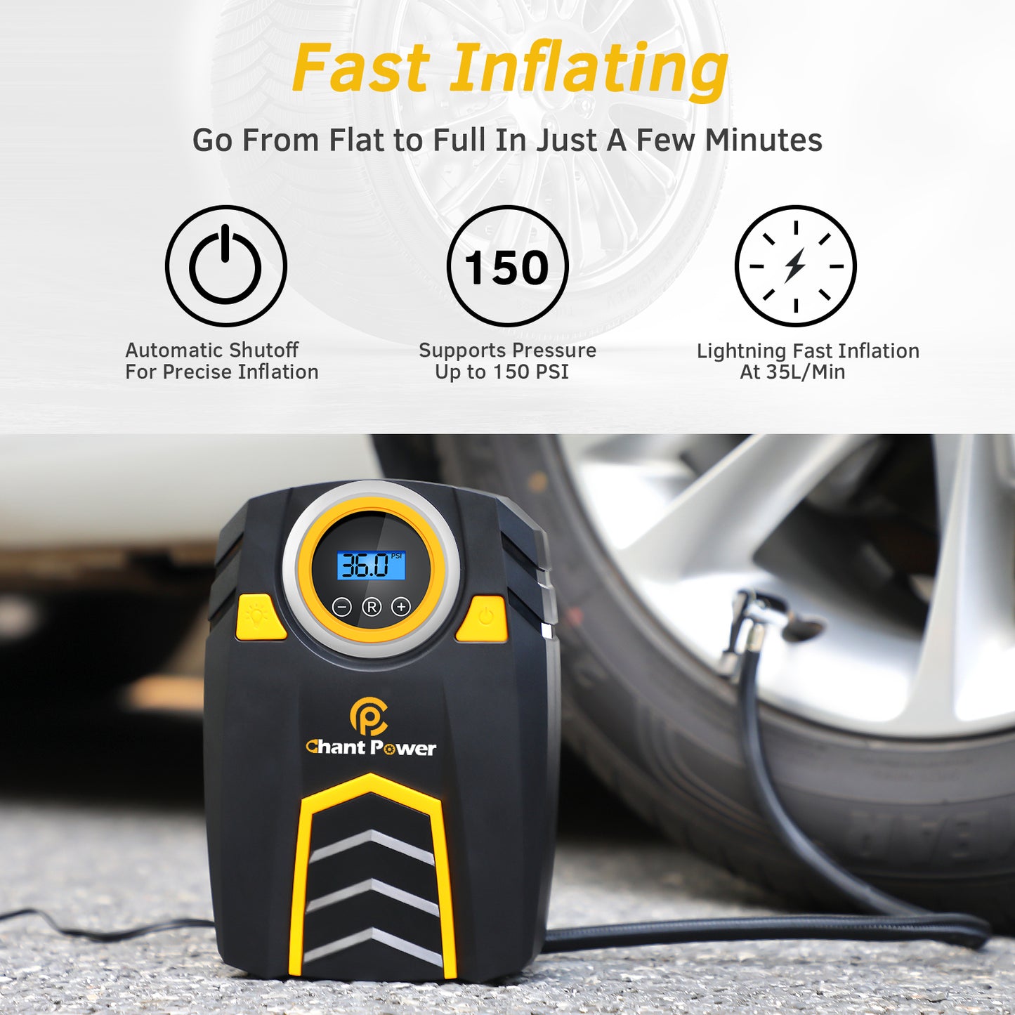 C P CHANTPOWER Air Compressor Tire Inflator,12V DC Car Tire Pump with Digital Pressure Gauge, 150PSI with Car Power Adaptor, Auto Shut Off for Car Tires, Bicycles and Other Inflatables (1-Yellow)