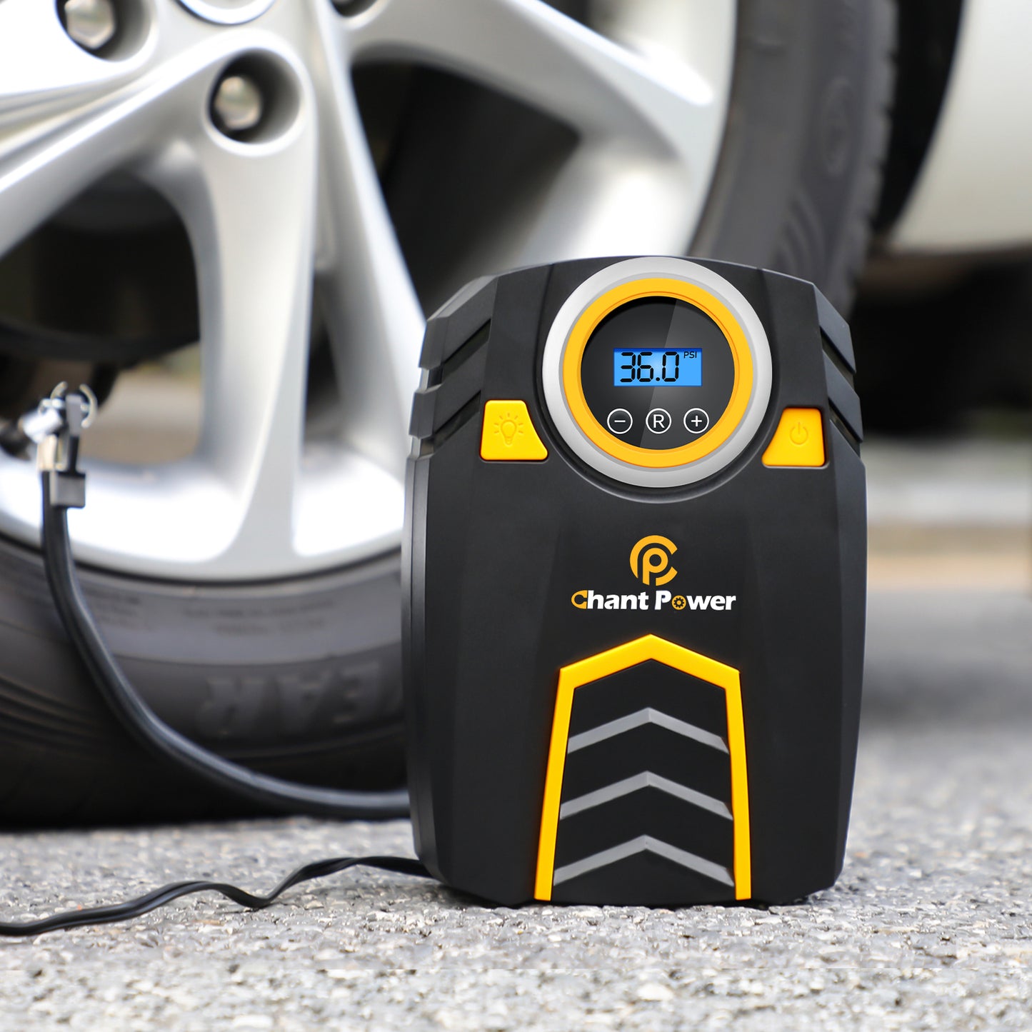 C P CHANTPOWER Air Compressor Tire Inflator,12V DC Car Tire Pump with Digital Pressure Gauge, 150PSI with Car Power Adaptor, Auto Shut Off for Car Tires, Bicycles and Other Inflatables (1-Yellow)